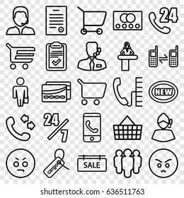 Customer icons set. set of 25 customer outline icons such as credit card, airport desk, call, cargo tag, connected phone, clipboard, support, sale tag, bill of house, card