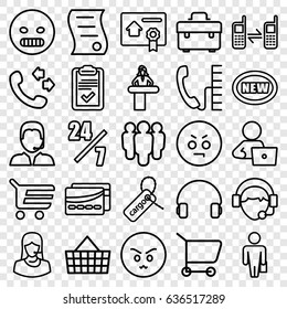 Customer icons set. set of 25 customer outline icons such as airport desk, man with laptop, call, toolbox, cargo tag, customer support, headset, operator, connected phone