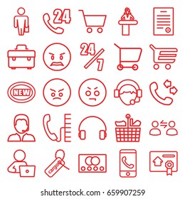 Customer icons set. set of 25 customer outline icons such as credit card, airport desk, man with laptop, call, toolbox, cargo tag, headset, operator, support