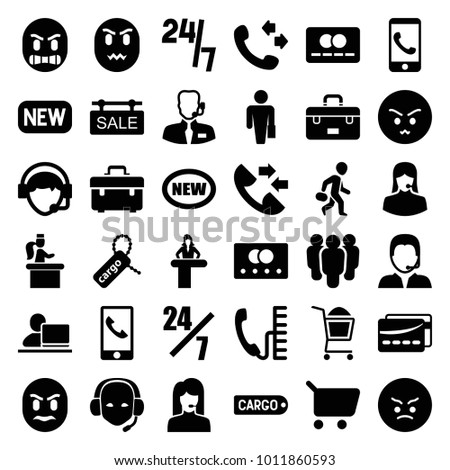 Customer icons. set of 36 editable filled customer icons such as credit card, airport desk, call, toolbox, shopping cart, new, man with case, 24 hours support, angry emot