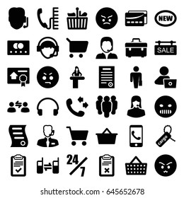 Customer icons set. set of 36 customer filled icons such as credit card, airport desk, man with laptop, call, toolbox, angry emot, cargo tag, customer support, headset
