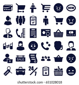 Customer icons set. set of 36 customer filled icons such as credit card, airport desk, man with laptop, call, toolbox, angry emot, cargo tag, customer support, connected phone
