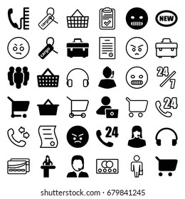 Customer icons set. set of 36 customer filled and outline icons such as airport desk, man with laptop, toolbox, angry emot, cargo tag, customer support, headset, support