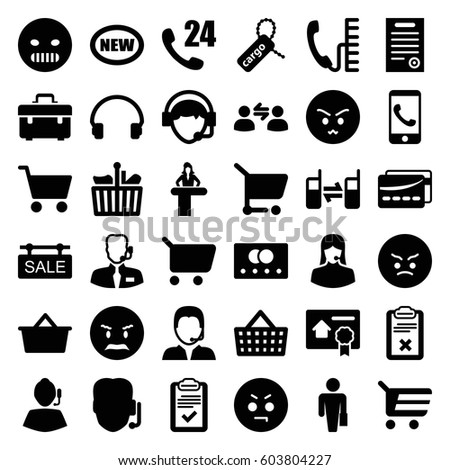 Customer icons set. set of 36 customer filled icons such as credit card, airport desk, toolbox, angry emot, cargo tag, customer support, headset, operator, connected phone