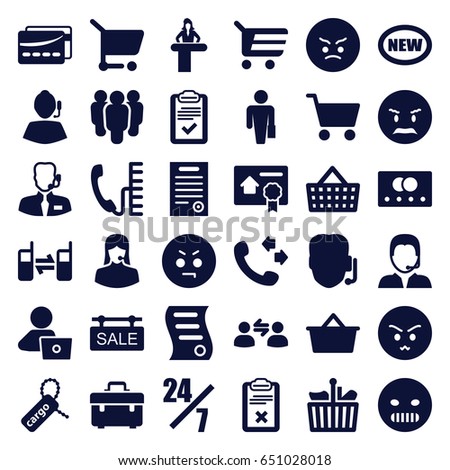 Customer icons set. set of 36 customer filled icons such as credit card, airport desk, man with laptop, call, toolbox, angry emot, cargo tag, customer support, connected phone