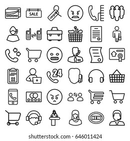 Customer icons set. set of 36 customer outline icons such as credit card, airport desk, man with laptop, call, toolbox, cargo tag, customer support, headset, operator