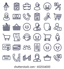 Customer icons set. set of 36 customer outline icons such as credit card, airport desk, man with laptop, call, toolbox, cargo tag, customer support, operator, connected phone