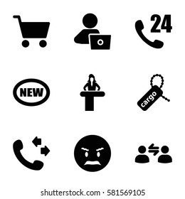 customer icons set. Set of 9 customer filled icons such as airport desk, man with laptop, call, angry emot, cargo tag, shopping cart, user communicatrion, 24 hours support