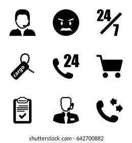 Customer icons set. set of 9 customer filled icons such as call, angry emot, cargo tag, clipboard, support, help support, shopping cart