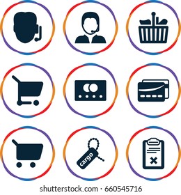 Customer icons set. set of 9 customer filled icons such as credit card, cargo tag, clipboard, support, card, shopping cart