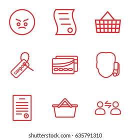 Customer icons set. set of 9 customer outline icons such as cargo tag, bill of house sell, bill of house, card, user communicatrion, angry emot, support