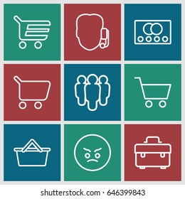 Customer icons set. set of 9 customer outline icons such as credit card, toolbox, shopping cart, angry emot, support, group