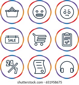 Customer icons set. set of 9 customer outline icons such as headset, clipboard, sale tag, bill of house sell, angry emot, shopping cart, 24 hours support