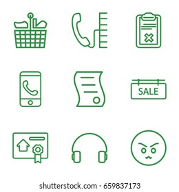 Customer icons set. set of 9 customer outline icons such as headset, clipboard, sale tag, bill of house sell, phone, angry emot, phone call