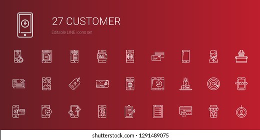 customer icons set. Collection of customer with credit card, clipboard, smartphone, user experience, discount, best seller, dart board, supermarket. Editable and scalable customer icons.