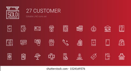 customer icons set. Collection of customer with discount, user experience, smartphone, dart board, clipboard, telephone, credit card, best seller. Editable and scalable customer icons.