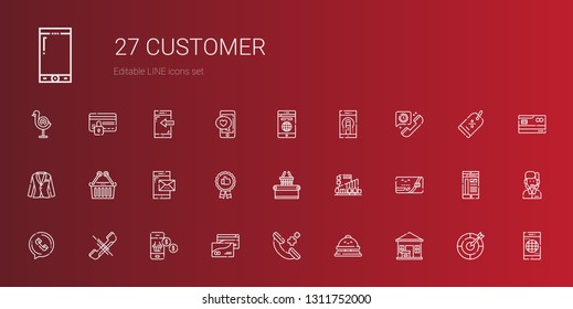 customer icons set. Collection of customer with package delivered, reception bell, phone call, credit card, smartphone, phone, mall, supermarket. Editable and scalable customer icons.