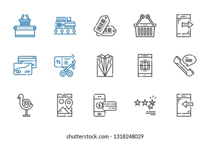 customer icons set. Collection of customer with smartphone, rating, dart board, phone, suit, discount, credit card, upermarket, tags, mall. Editable and scalable customer icons.