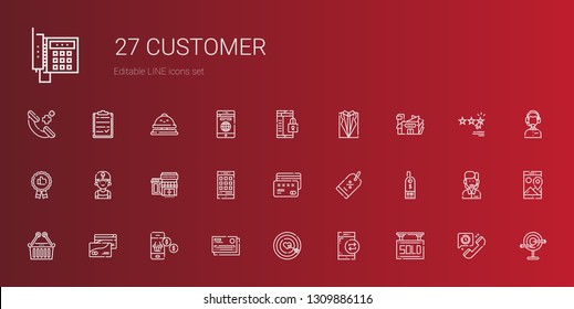 customer icons set. Collection of customer with sold, smartphone, dart board, credit card, upermarket, supermarket, discount, supermarkets. Editable and scalable customer icons.