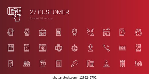customer icons set. Collection of customer with user experience, telephone, supermarket, clipboard, smartphone, mall, customer service, best seller. Editable and scalable icons.