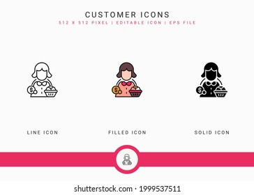 Customer icons set vector illustration with solid icon line style. Consumer satisfaction check concept. Editable stroke icon on isolated background for web design, infographic and UI mobile app.