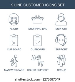 customer icons. Trendy 9 customer icons. Contain icons such as angry, shopping bag, support, clipboard, man with case, hours support, group. customer icon for web and mobile.