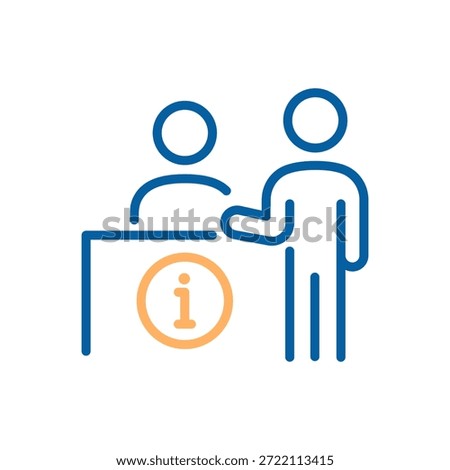 Customer at information desk receiving help from staff member — professional reception, support and guidance for inquiries and service. Thin line icon editable stroke