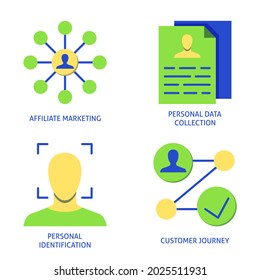 Customer information icon set in flat style. Personal data collection, affiliate marketing, customer journey and personal identification. Vector illustration.