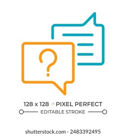 Customer inquiry two color line icon. Client support. Asking questions. Chat help. Chat bubble and question bicolor outline symbol. Duotone linear pictogram. Isolated illustration. Editable stroke