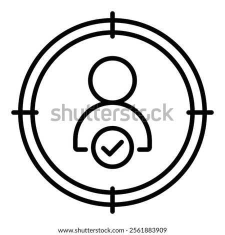 A customer inside a focus symbol with a check mark, representing targeted engagement and satisfied customers or hiring the right candidate, round line vector icon with editable stroke
