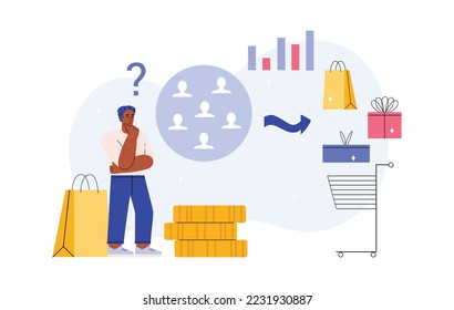 Customer insight information for analyze consumer behavior. Customer experience analyzing concept, flat cartoon vector illustration isolated on white background.