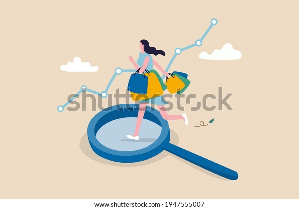 Customer insight, information from analyze\
consumer behaviors or journey, optimizing customer experience\
concept, happy woman consumer holding full of shopping bags on\
analysis magnifying\
glass.