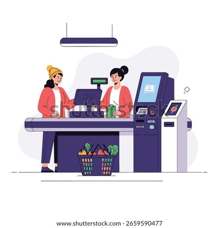Customer interacting with cashier and self-checkout machine at grocery store