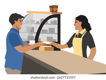 A customer interacting with a female employee behind a counter, likely in a cafe or bakery. Vector Flat Illustration