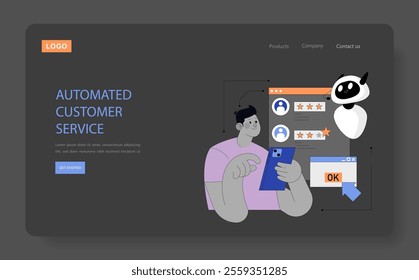 Customer interaction automation concept. A person engages with a chatbot on their smartphone for instant support. Vector illustration of AI-powered service efficiency.