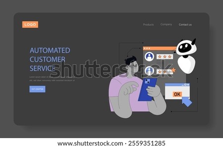 Customer interaction automation concept. A person engages with a chatbot on their smartphone for instant support. Vector illustration of AI-powered service efficiency.