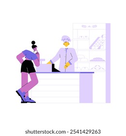 Customer Interaction At Bakery Counter In Flat Vector Illustration Symbolizing Service, Food Purchase, And Customer Satisfaction, Isolated On White Background