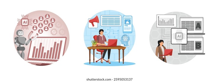 Customer interaction with chatbots and social media. Businesswoman sitting with laptop doing Marketing and Advertising with AI robot. Marketing and Advertising. Optimizing A-B testing.