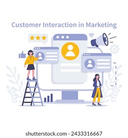 Customer Interaction concept. Dynamic digital strategies enhancing marketing communication. Active engagement illustrated with reviews, social media, and megaphone announcements. Vector illustration.