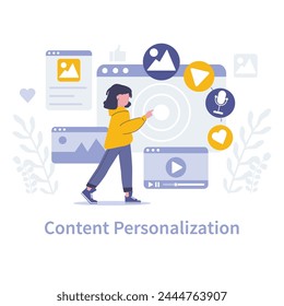 Customer Interaction in marketing concept. Content Personalization. Crafting unique digital experiences with targeted media. Precision in user-centric communication. Vector illustration.