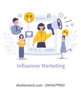 Customer Interaction in marketing concept. Influencer Marketing. Harnessing social influence to amplify brand messages. Digital advocates shaping consumer perceptions. Vector illustration.