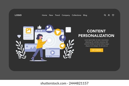 Customer Interaction in marketing night or dark mode web or landing page. Content Personalization. Crafting unique digital experiences with targeted media. Precision in user-centric communication.