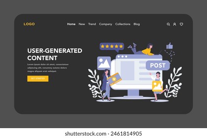 Customer Interaction in marketing night or dark mode web or landing page. User-Generated Content. Empowering brand growth through customer participation. Vector illustration