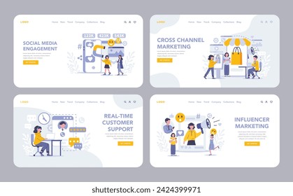 Customer Interaction in marketing web or landing page set. Illustrating social media engagement, cross channel marketing, real-time support, and influencer strategies. Vector illustration.