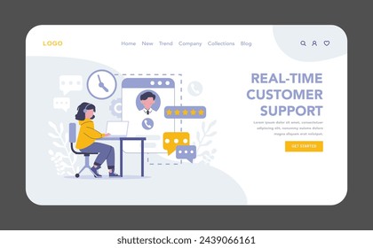 Customer Interaction in marketing web or landing page. Real-Time Customer Support. Depiction of instant service with a focus on efficiency and satisfaction. Seamless digital helpdesk experience.