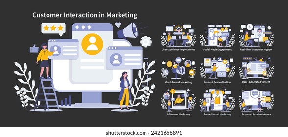 noche de interacción del cliente o ajuste de modo oscuro. Estrategias multifacéticas de marketing digital. Compromiso, soporte y dinámica de contenido. Canales de comunicación modernos. Ilustración vectorial.
