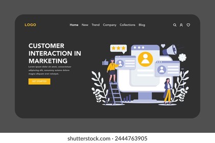 Customer Interaction night or dark mode web or landing page. Dynamic digital strategies enhancing marketing communication. Active engagement illustrated with reviews and megaphone announcements.