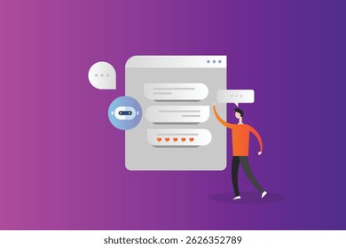 Customer interaction with online chatbot, Artificial intelligence having conversation with customers.