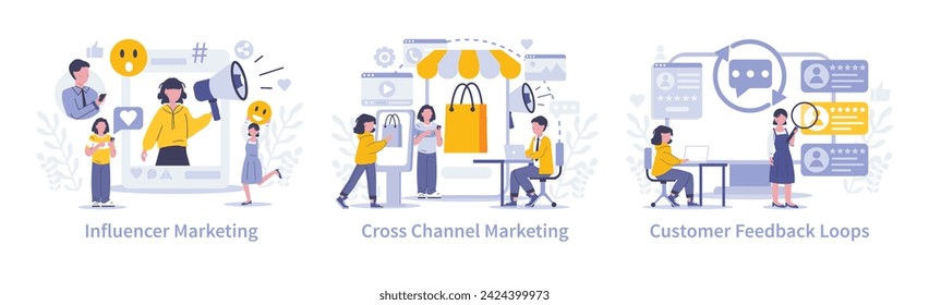 Customer Interaction set. Leveraging influencer outreach, seamless cross-channel marketing, and constructive feedback for strategic customer engagement. Vector illustration.