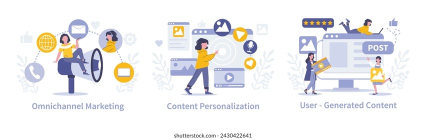 Customer Interaction set. Tailoring client connections with omnichannel outreach, content customization, and community-driven posts. Harmonizing brand and user voices. Vector illustration.